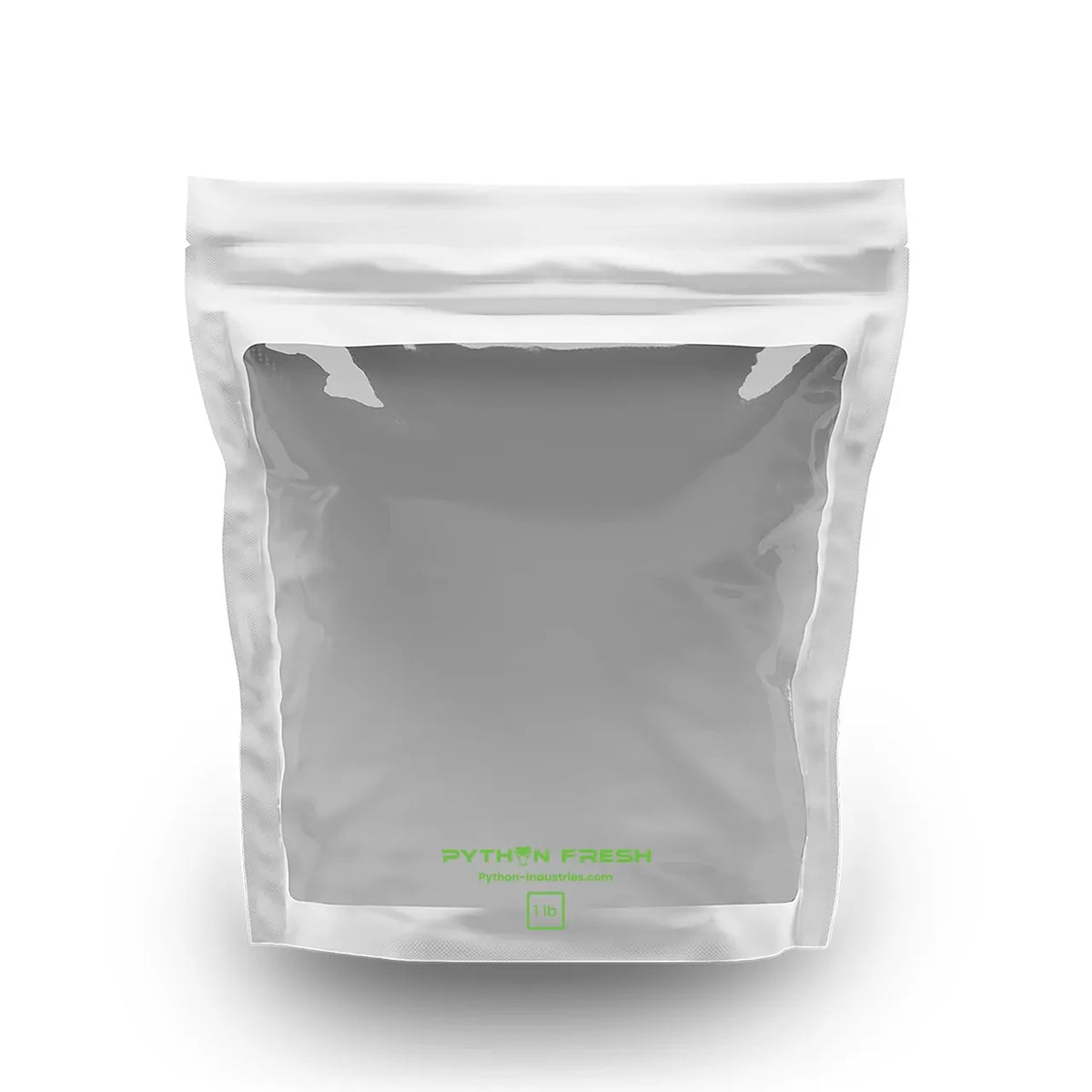 White stand-up pouch with clear window, green "PYTHON FRESH" logo, "Python-industries.com", and "1 lb" text.