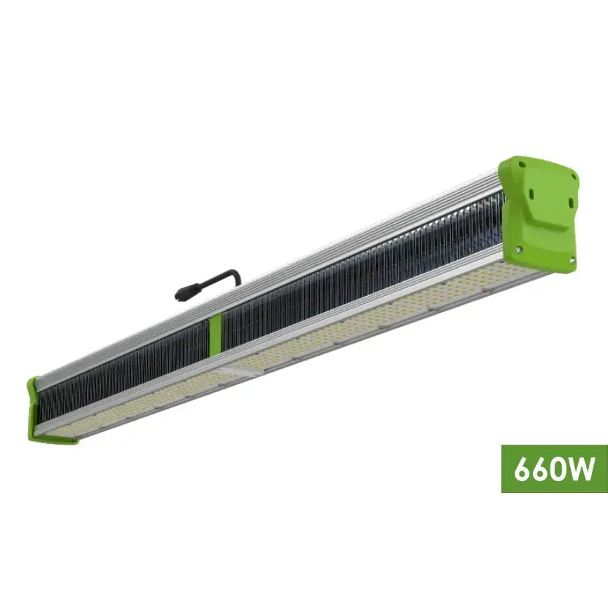 Long silver & green 660W LED grow light bar with numerous white LEDs, a hanging hook, for plant cultivation.