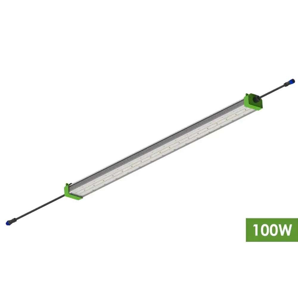 TotalGrow Mezzo 100W LED grow light bar: a long, slender fixture with visible LEDs, green ends, and power cables.