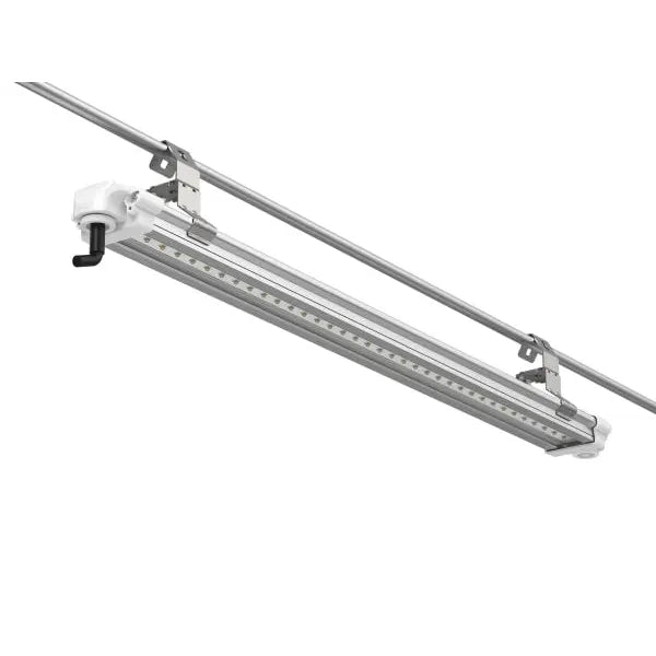 White linear LED horticultural grow light hanging from a silver metal rod with clips, showing LED array.