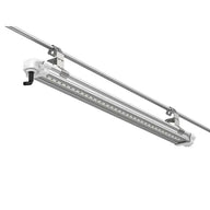 White linear LED horticultural grow light hanging from a silver metal rod with clips, showing LED array.