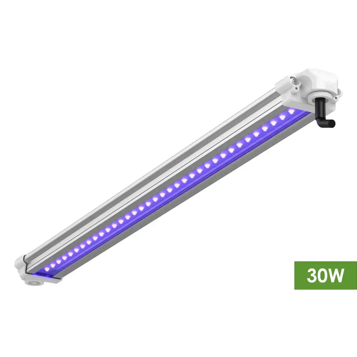 A 30W LED UV grow light bar with purple LEDs in a silver casing, angled against a white background.