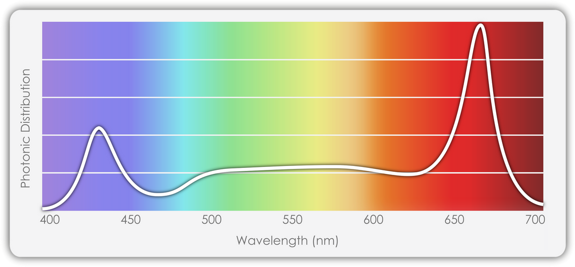 Light spectrum graph showing peak photonic distribution in blue and red wavelengths.
