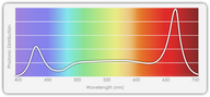 Light spectrum graph showing peak photonic distribution in blue and red wavelengths.
