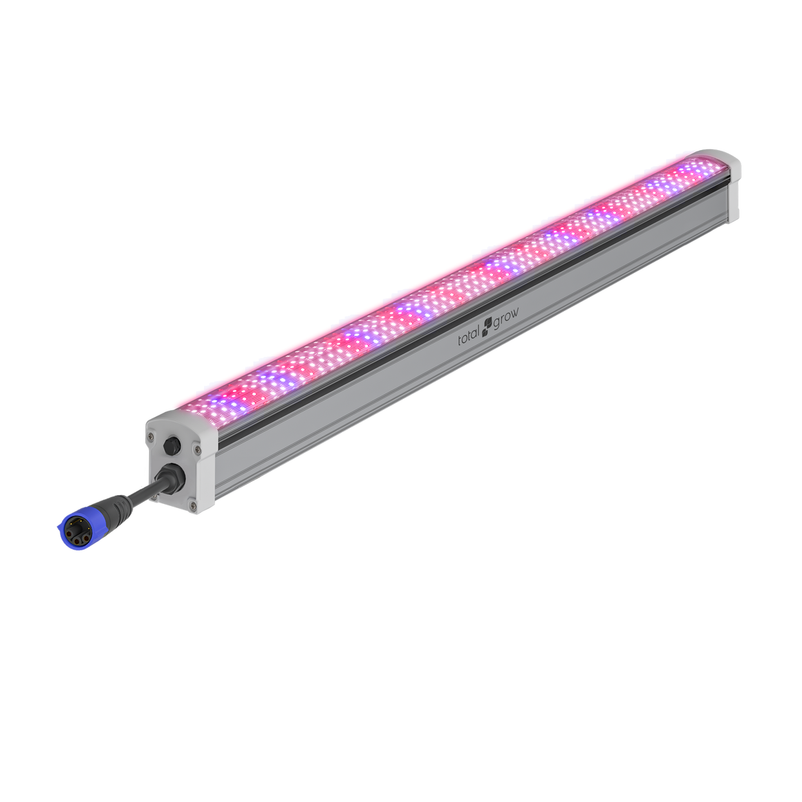 TotalGrow 150W under-canopy LED grow light with pink and blue diodes, silver housing, and black power connector.