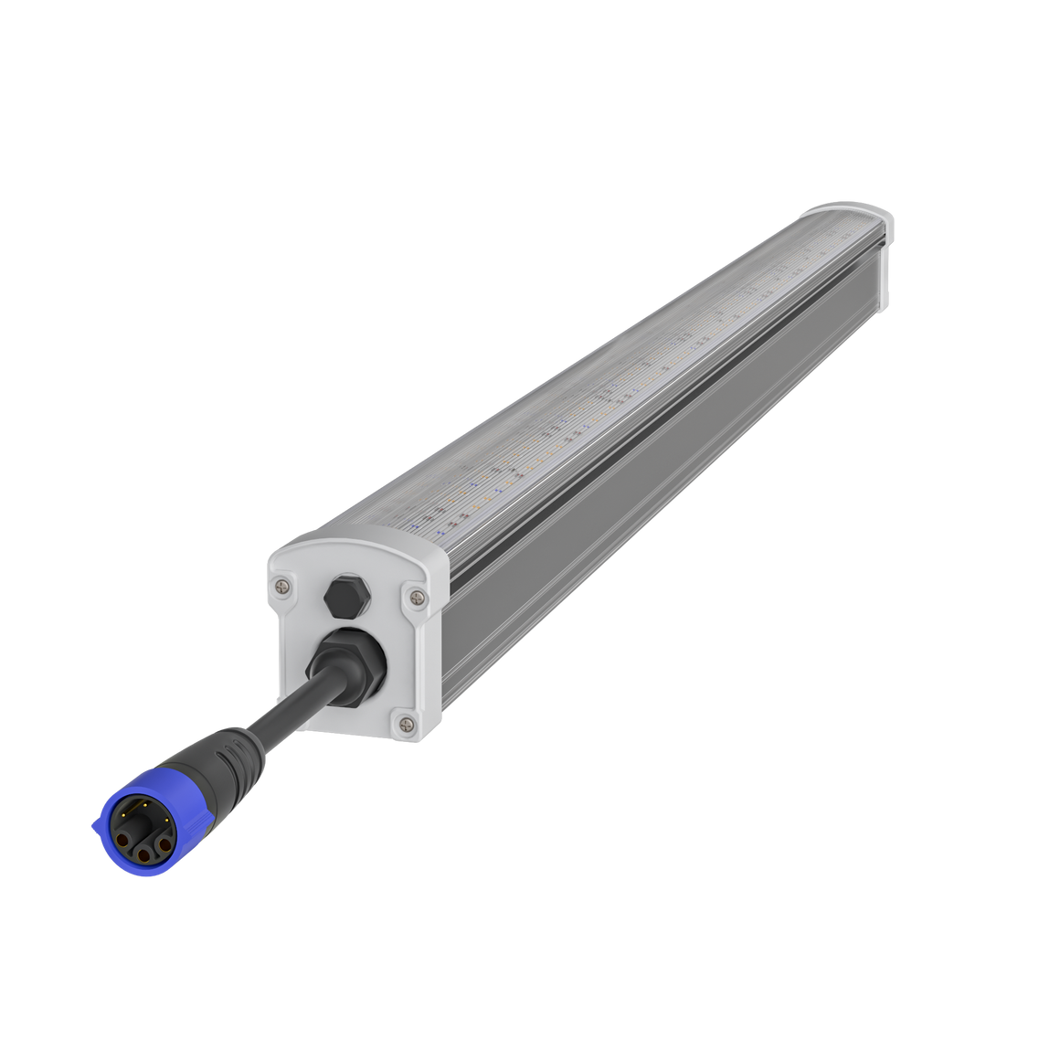 Outdoor-rated LED grow light fixture with aluminum housing, blue connector, and visible LED diodes.