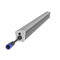 Outdoor-rated LED grow light fixture with aluminum housing, blue connector, and visible LED diodes.