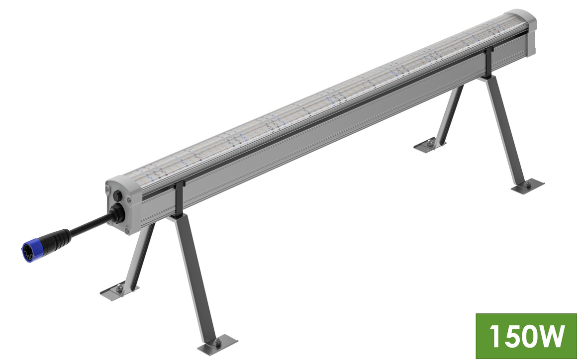 A silver 150W LED grow light with adjustable legs and a blue connector.