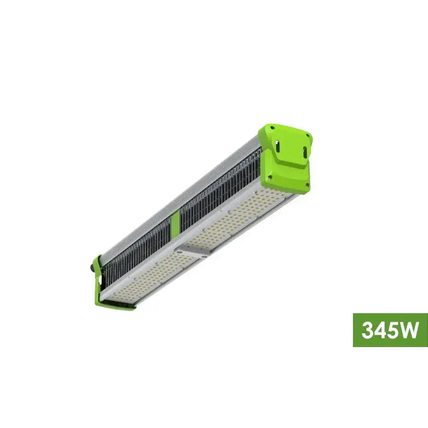 345W linear LED grow light bar, silver with green end caps, showing visible LED diodes.