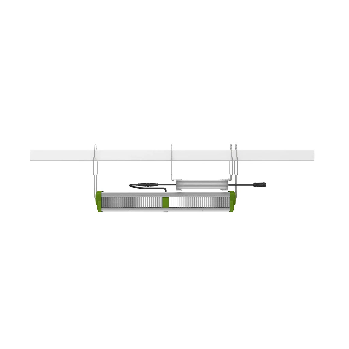 TotalGrow 345W High-Intensity Top-Light fixture set up, silver with green ends, mounted on a white rail.