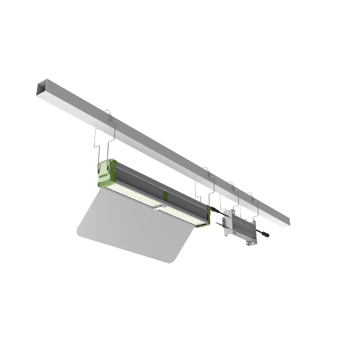 Side view of a green and silver high-intensity LED grow light with reflector, power supply, and mounting rail.