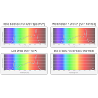 Four graphs show light spectrums with peaks in blue, green, and red wavelengths.