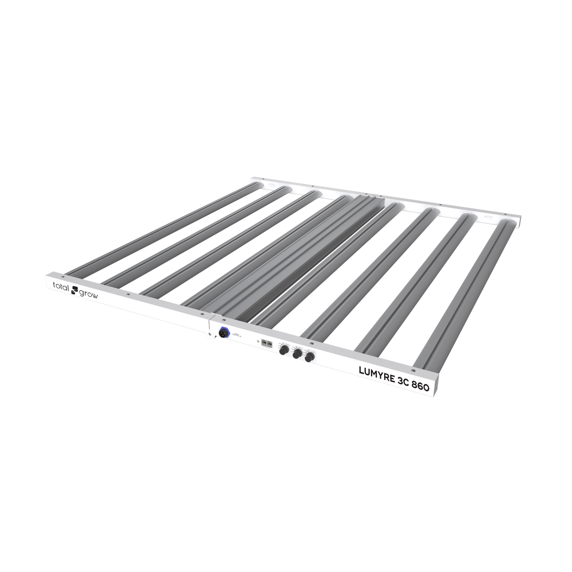 Total Grow Lumyre 3C 860 LED grow light, white frame, multiple silver bars on black background