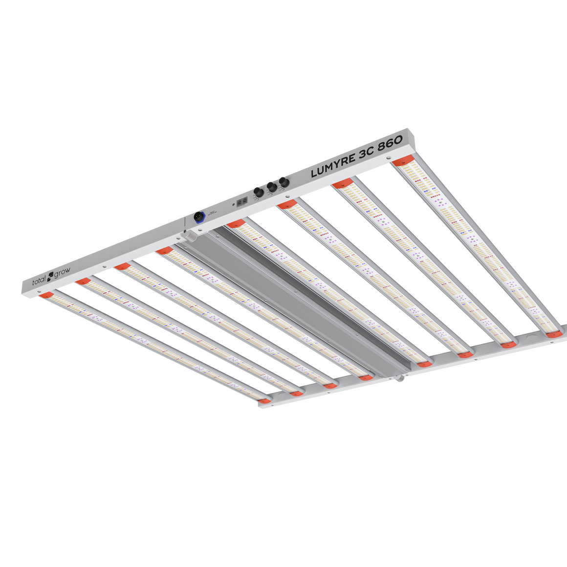 A white LED grow light bar with multiple rows of lights and "Total Grow" and "Lumyre 3C 860" labels.