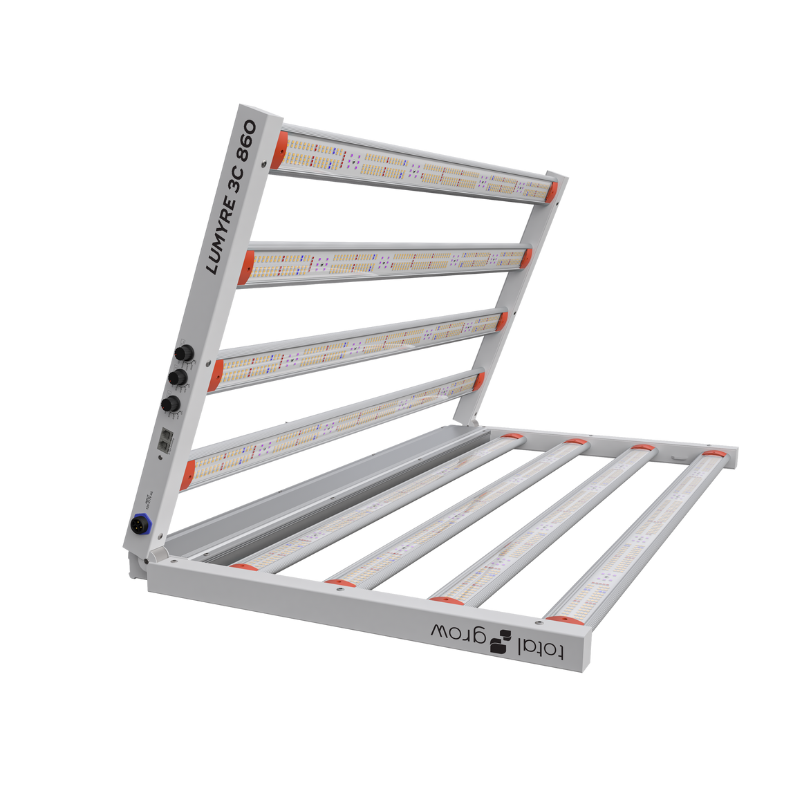 TotalGrow Lumyre 3C 860 spectrum LED grow light, with multiple bars of white and purple LEDs.