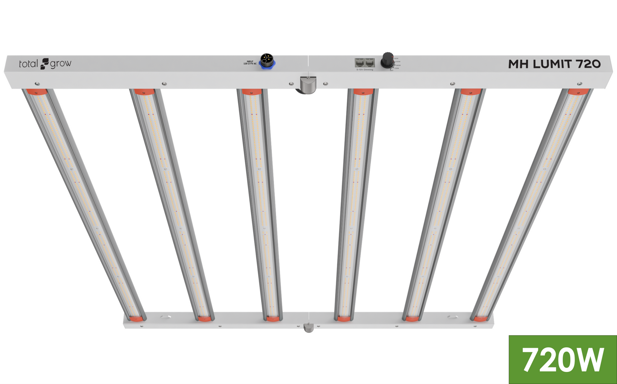 Total Grow MH Lumit 720W LED grow light bar with 6 luminous strips on white background.
