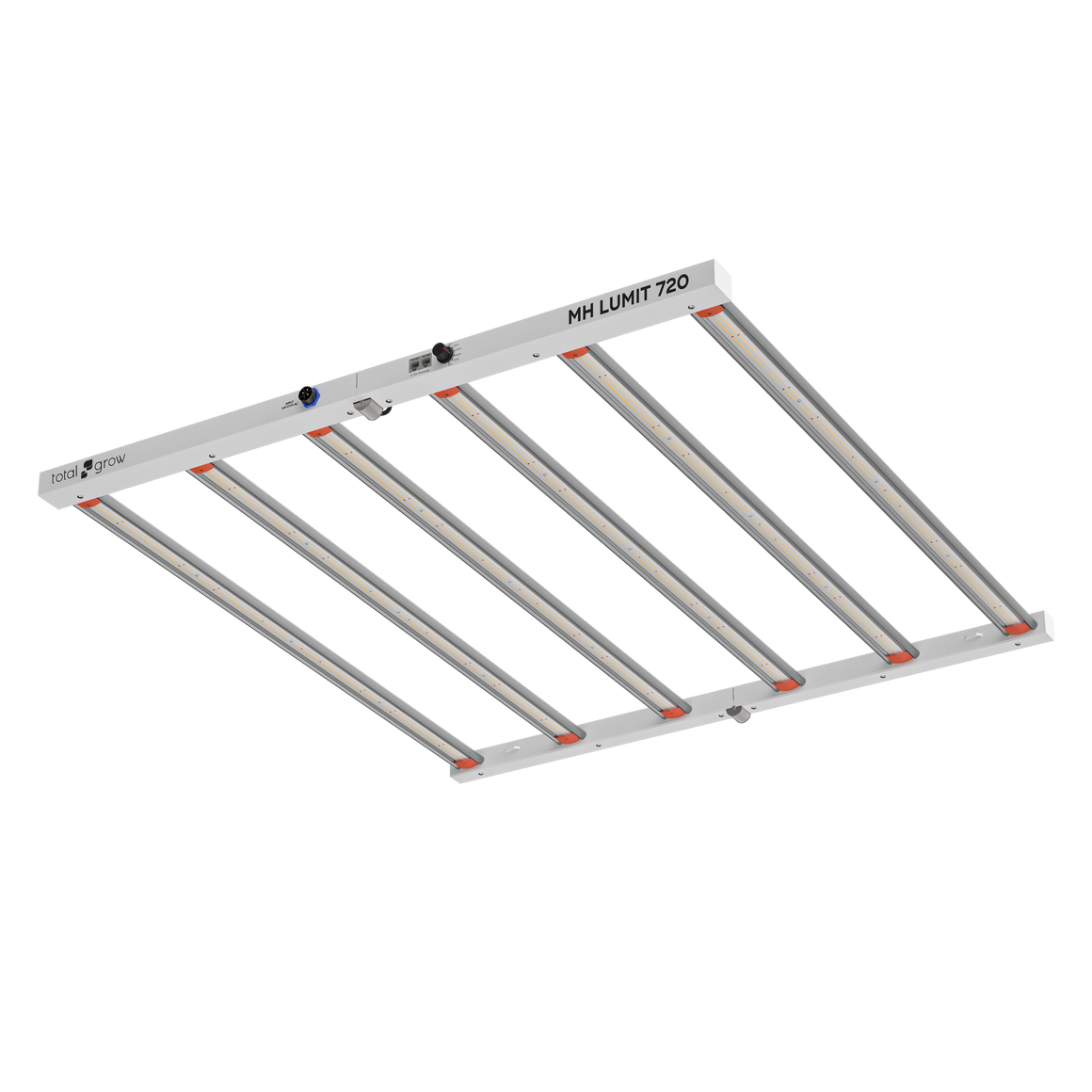 White grow light fixture, "MH LUMIT 720" text, six LED bars, "total grow" logo.