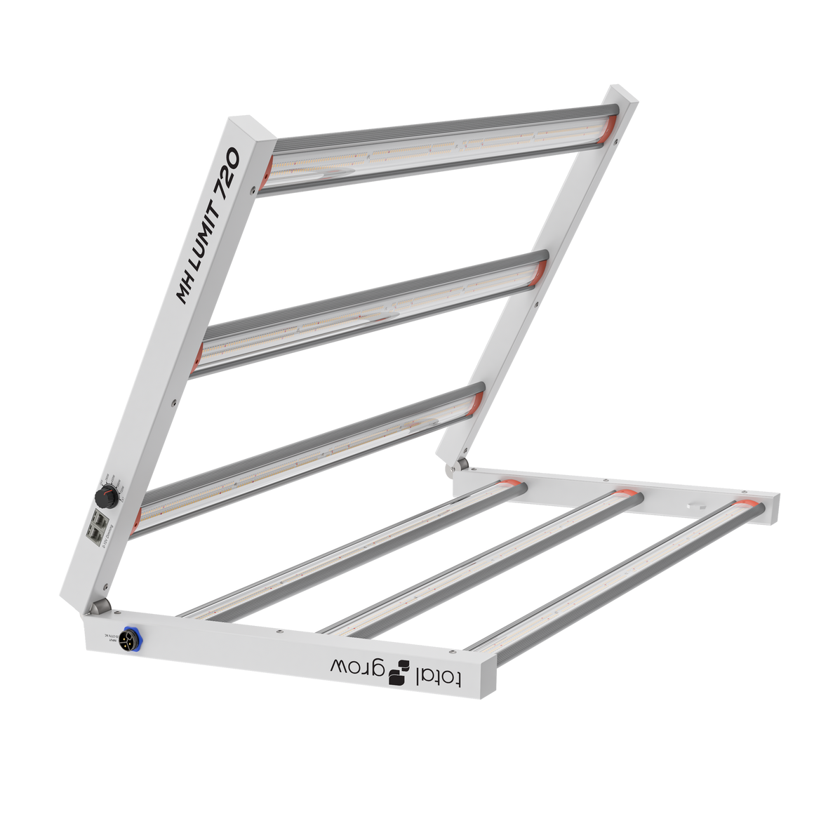 TotalGrow MH Lumit 720W LED grow light, white frame, multiple LED bars, dimming control, 0-10V input.
