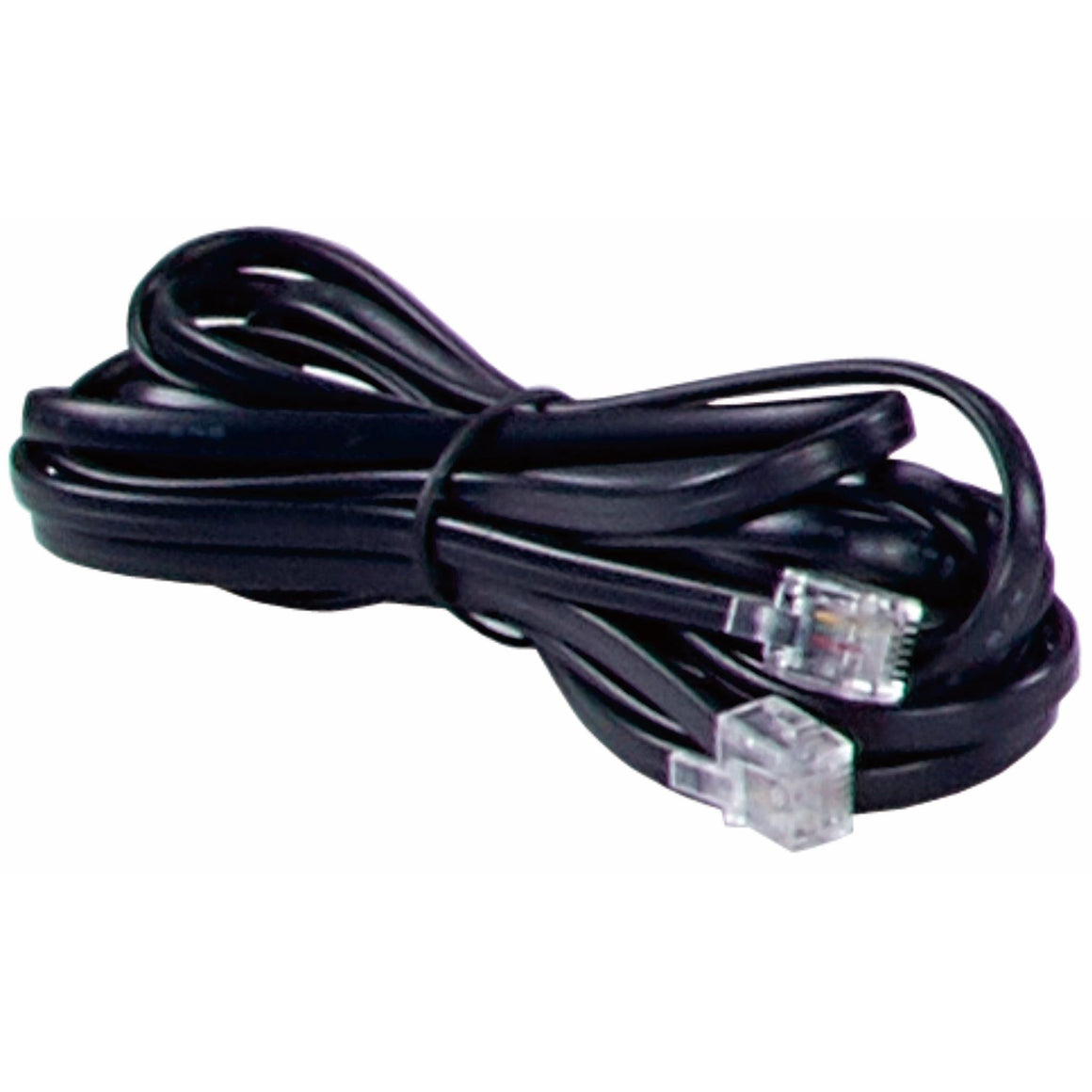 Black coiled cable with two clear RJ11 connectors on a white background.