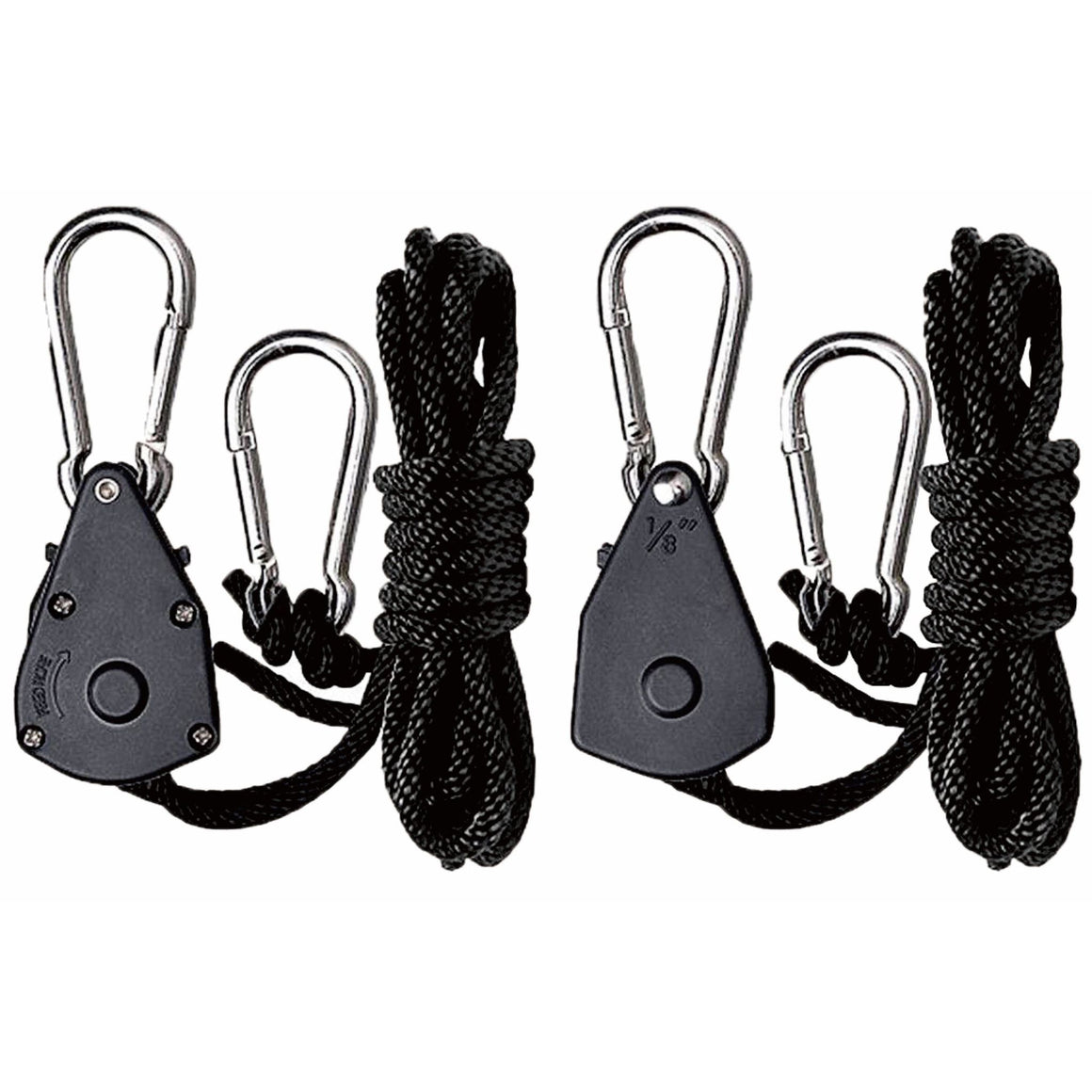 Two black rope ratchet pulley systems with carabiners and coiled black rope.