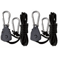 Two black rope ratchet pulley systems with carabiners and coiled black rope.