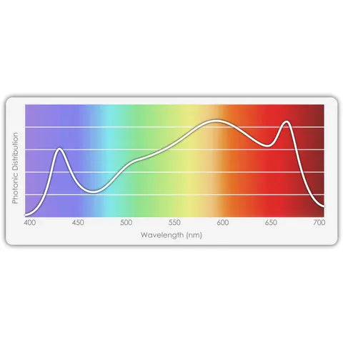 Spectral graph showing photonic distribution vs. wavelength (nm).