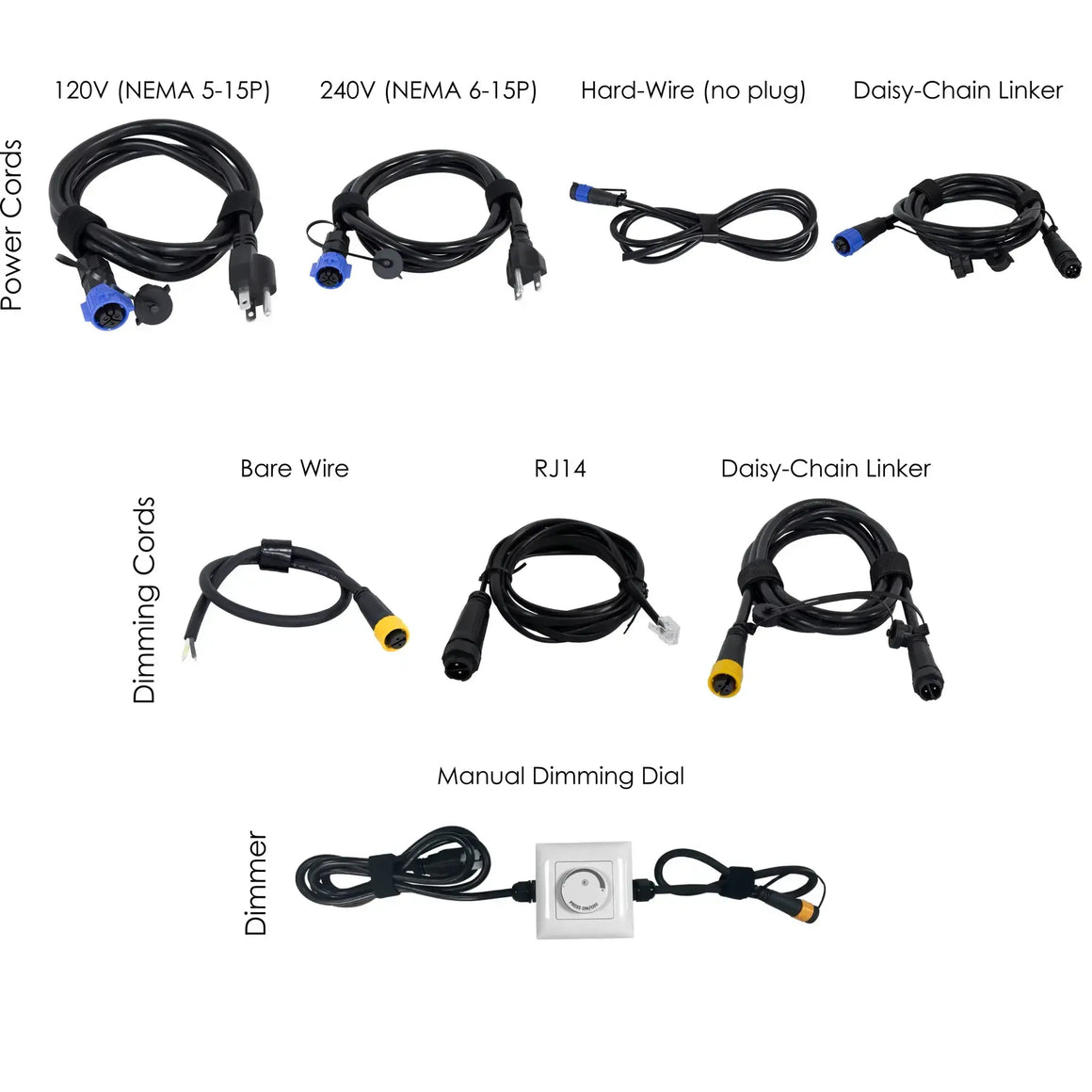 TotalGrow grow light cords: 120V/240V power, hard-wire, daisy-chain linkers, bare wire, RJ14 dimming, and manual dimmer.