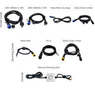 TotalGrow grow light cords: 120V/240V power, hard-wire, daisy-chain linkers, bare wire, RJ14 dimming, and manual dimmer.