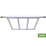 Silver 340W 4-bar hinged LED grow light, showing illuminated bars and input connectors, on white background.