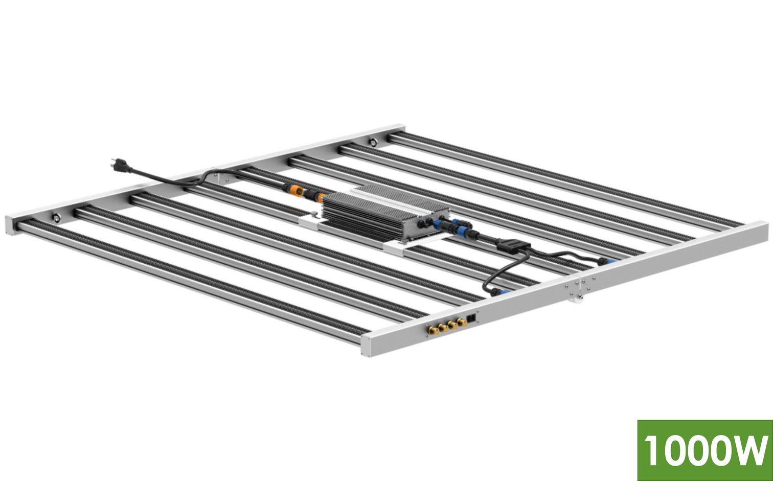 1000W LED grow light bar with silver frame, dark bars, and central power supply.