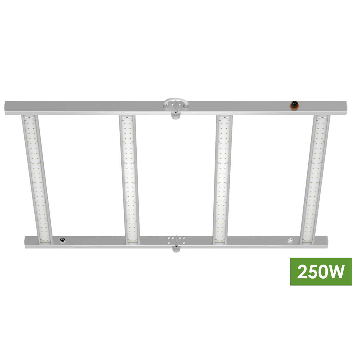 A rectangular grow light with four vertical LED strips, featuring a silver frame and a "250W" label.