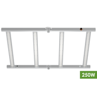 A rectangular grow light with four vertical LED strips, featuring a silver frame and a 