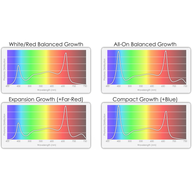 Four graphs showing light spectrum distribution for plant growth, with peaks in blue and red wavelengths.