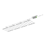 Render of a grow light system with a central green unit connected to multiple lighting bars by cables.