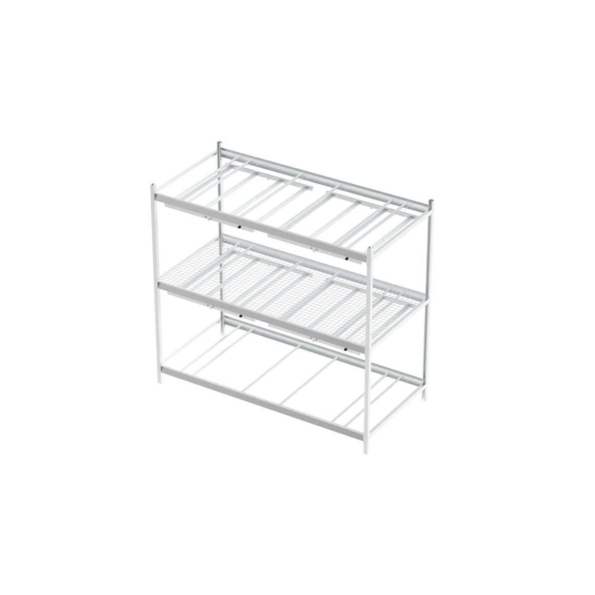 White 3-tier metal shelving unit for plants, with wire mesh shelves and a slatted bottom shelf.