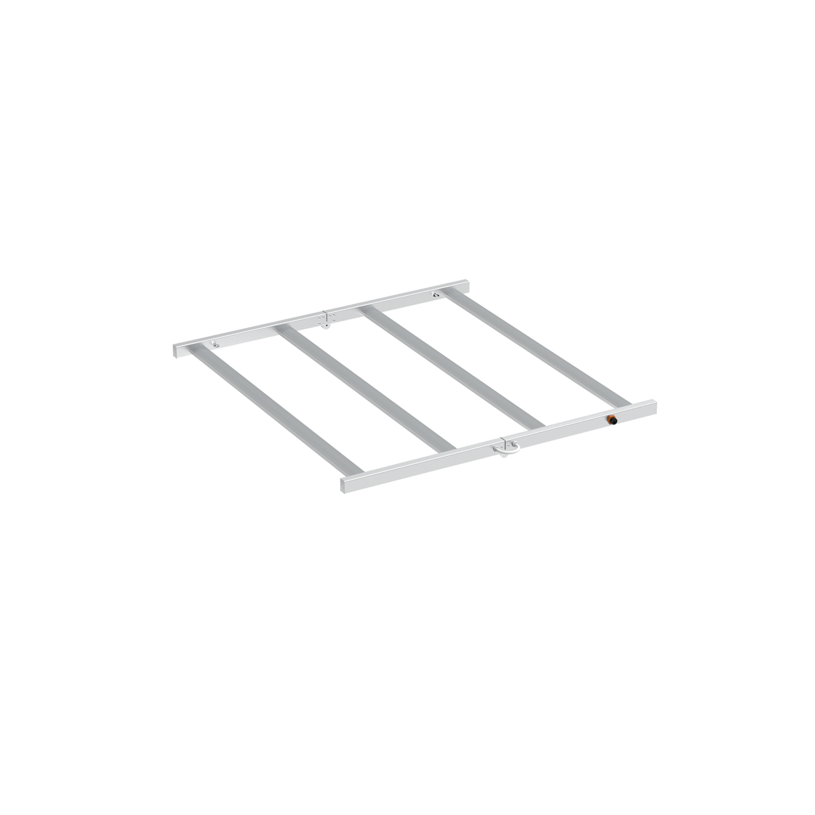A silver metal rack with four horizontal bars, mounted on a black background.