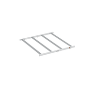 A silver metal rack with four horizontal bars, mounted on a black background.