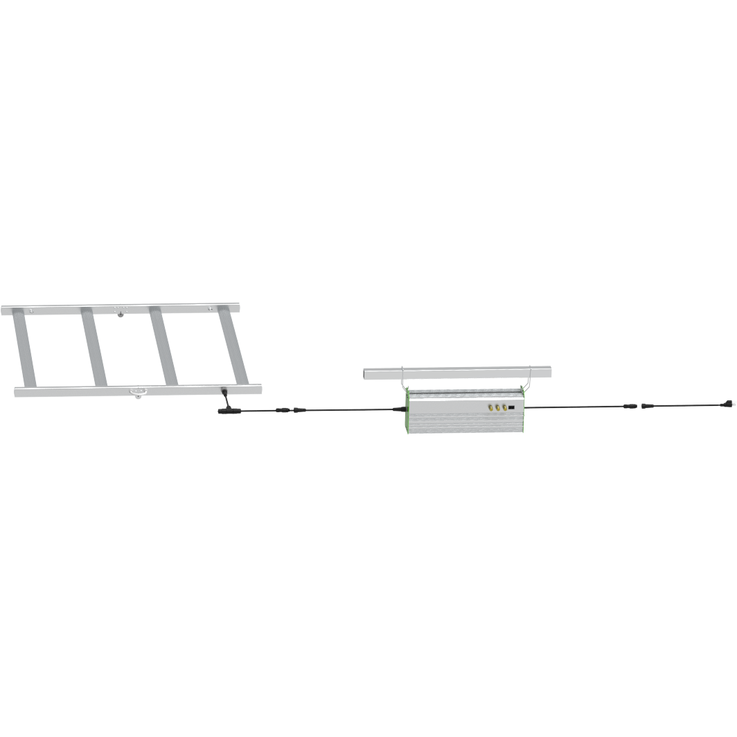 LED grow light bar with driver and mounting frame, connected by wires.