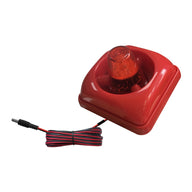 Red siren with flashing orange light and black/red cord on white background.