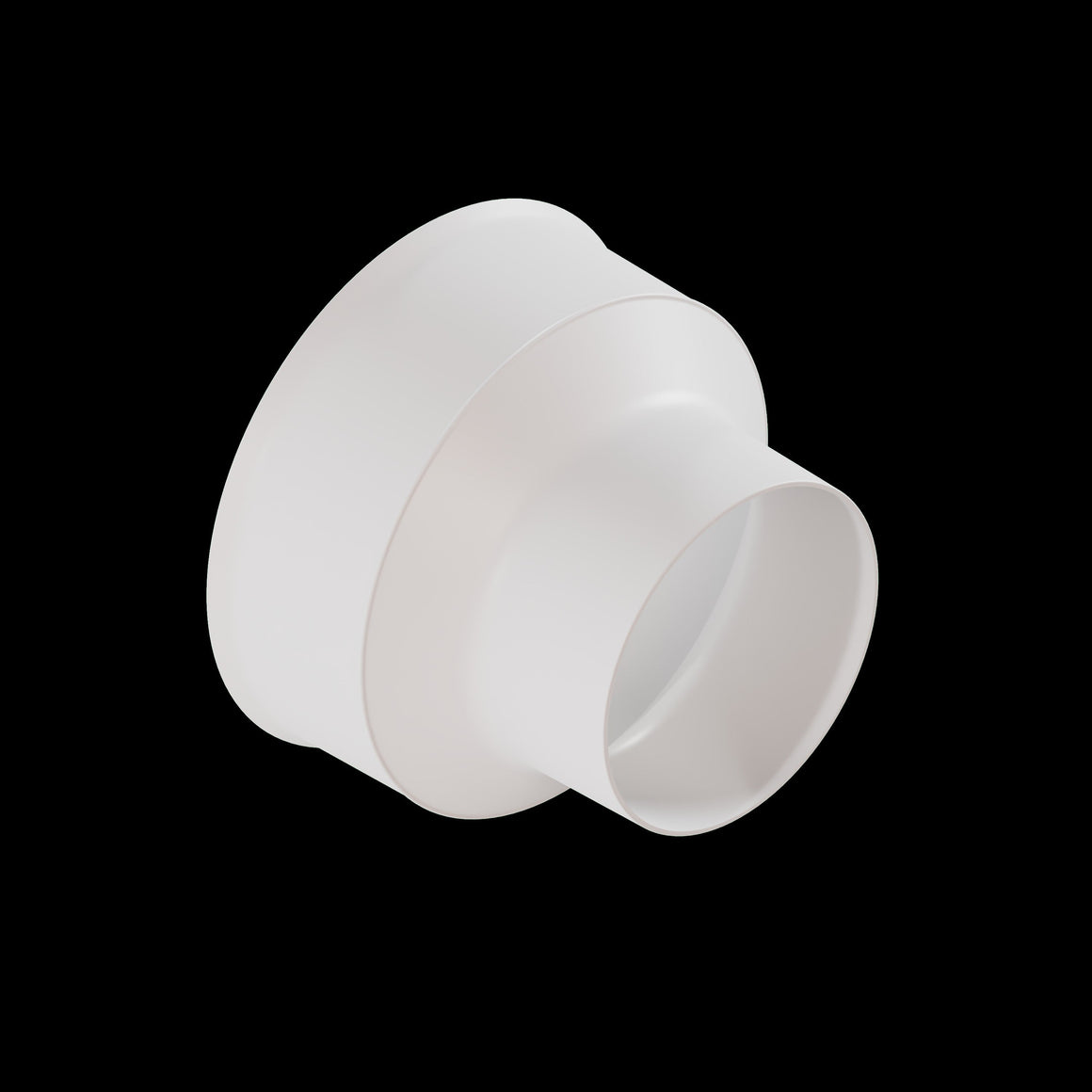 White PVC reducer fitting with smooth, curved surfaces on a black background.