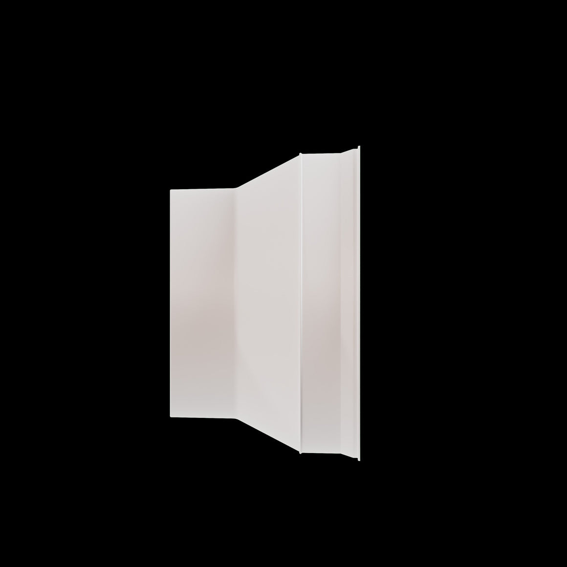 White ventilation fan unit with a folded appearance, set against a black background.
