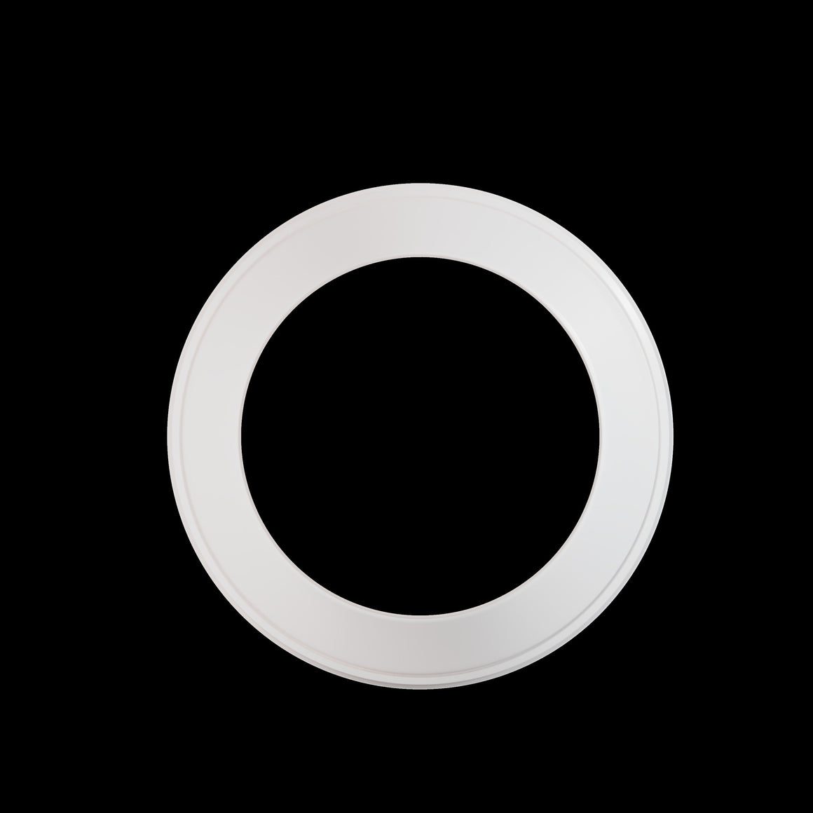 A white ring-shaped object is pictured against a black background.