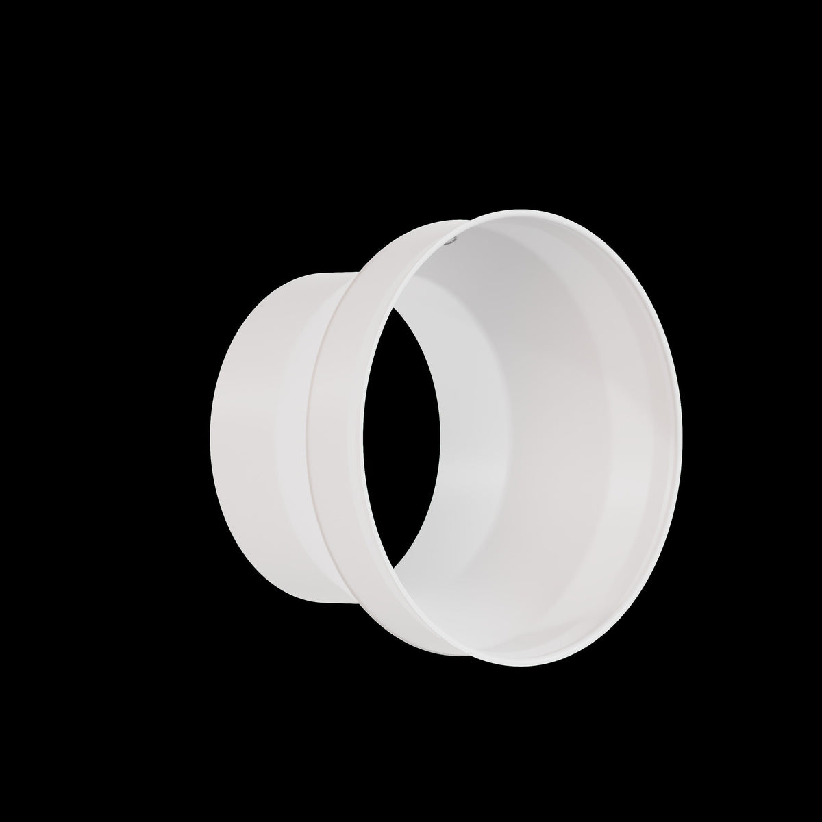 White ventilation duct reducer with smooth, cylindrical shapes and a flange detail on the left.