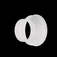 White ventilation duct reducer with smooth, cylindrical shapes and a flange detail on the left.