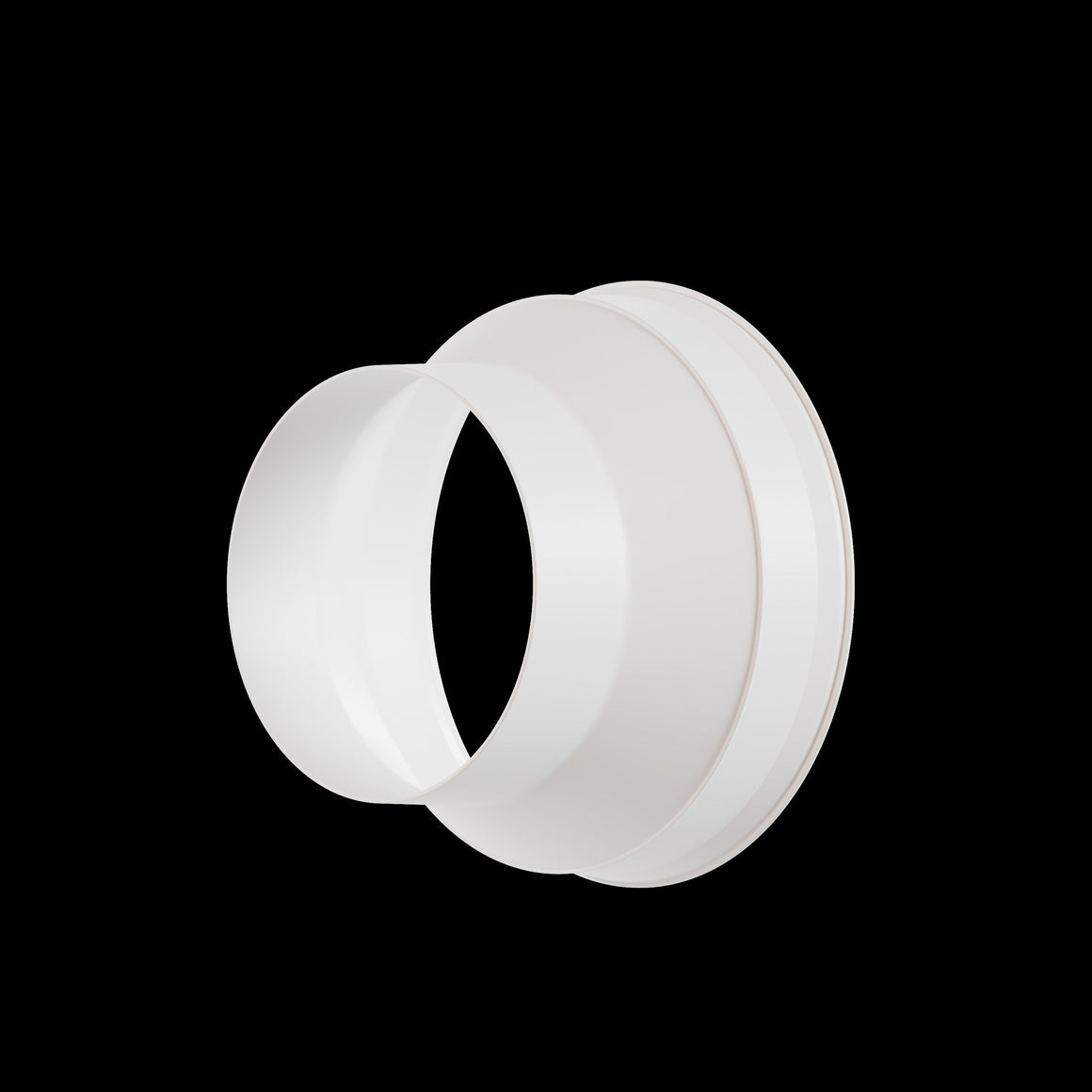 White ventilation fan adapter with ribbed ends on a black background.