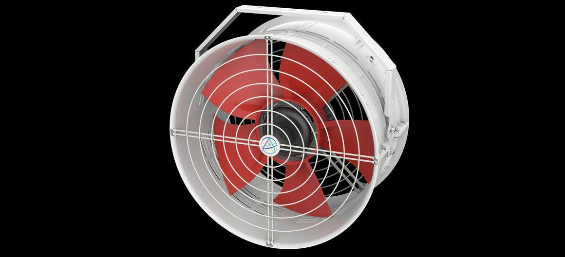 White ventilation fan with red blades and metal grill, against black background.