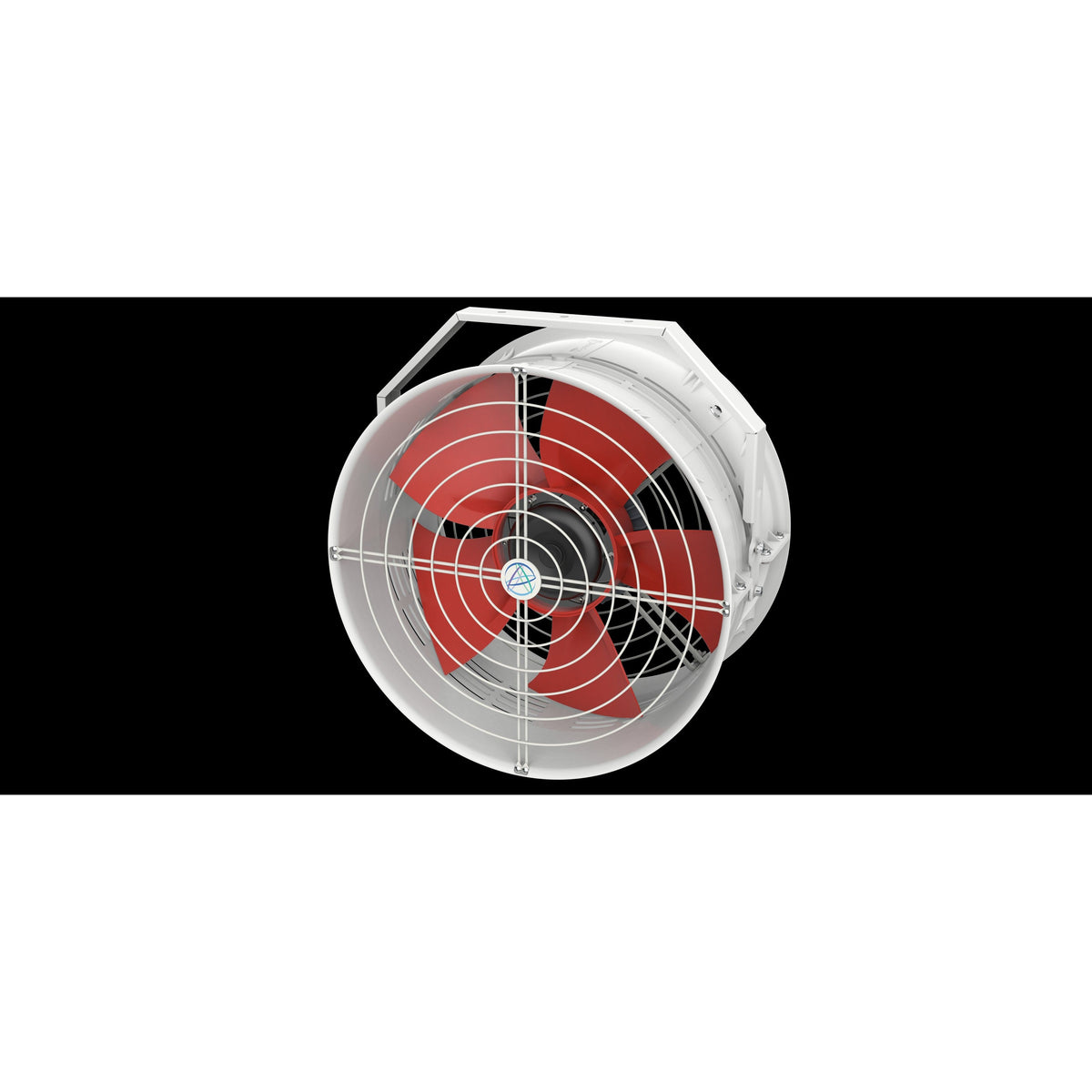 White ventilation fan with red blades and metal grill, against black background.