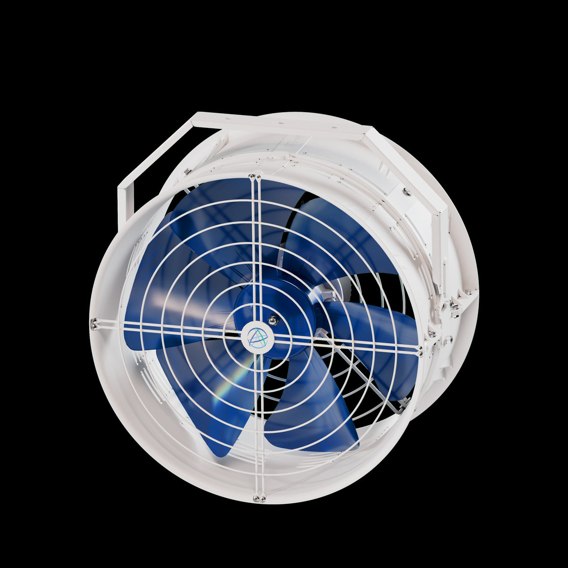 White ventilation fan with blue blades on black background.
