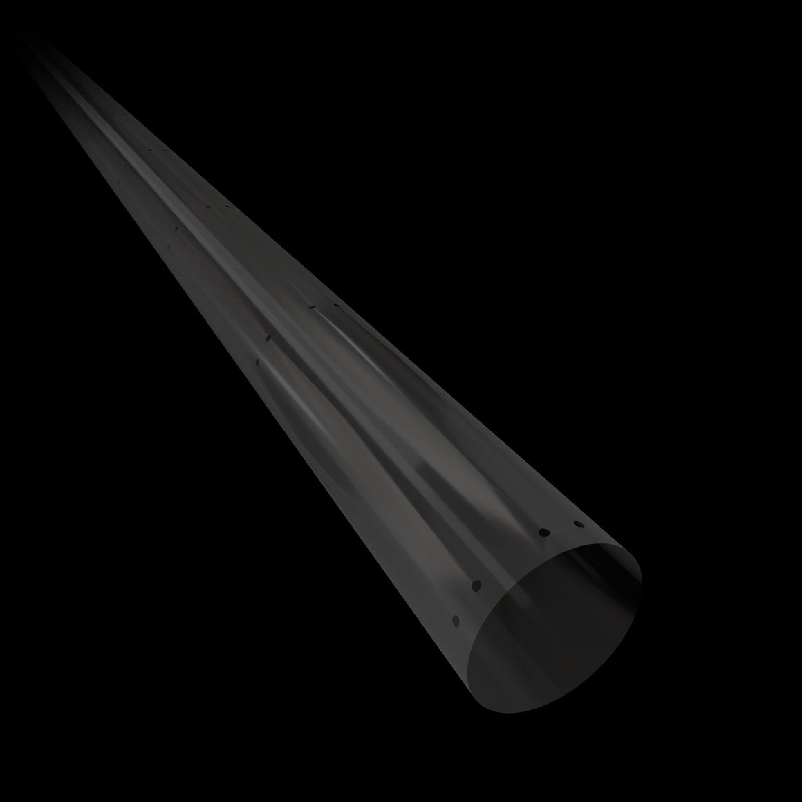 Conical, grey ventilation fan duct with small circular holes along its length, set against a black background.