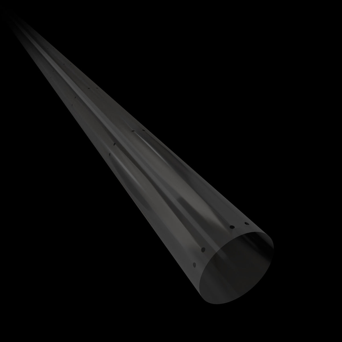 Conical, grey ventilation fan duct with small circular holes along its length, set against a black background.